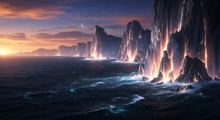 Dramatic Sunset Over Icy Ocean Cliffs with Bioluminescent Glow.