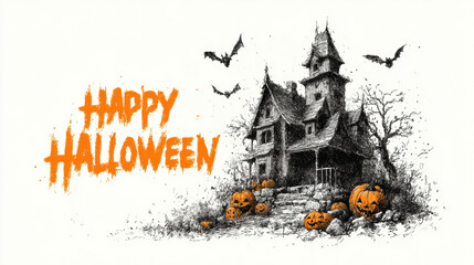 Vintage Halloween illustration with haunted house, bats, jack-o-lanterns, bare trees, and Happy Halloween brush lettering. Perfect for spooky holiday designs, cards, and party invitations.