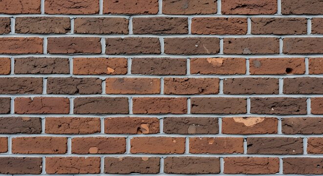 A close-up view of a textured brick wall, showcasing the varied shades of reddish-brown and dark brown bricks, separated by light gray mortar lines.