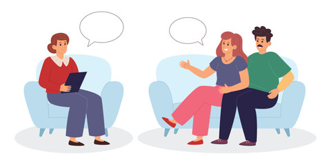 Concept of couple talking with psychologist during therapy session