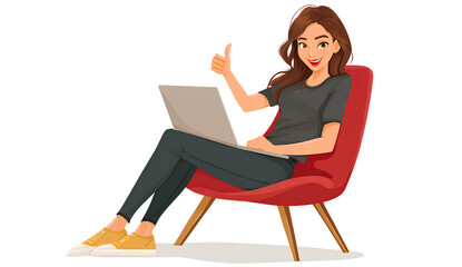  woman sitting on a chair with a laptop, giving a thumbs-up pose, transparent background png