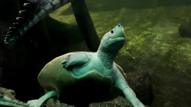 The Far Eastern turtle or Pelodiscus maackii in a zoo. Freshwater turtle swimming in an aquarium.