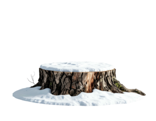 A solitary tree stump covered in a blanket of fresh white snow.