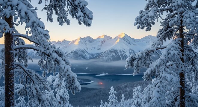 A breathtaking winter vista reveals snow-covered mountains and a tranquil lake nestled amongst frosted evergreen trees at dawn.