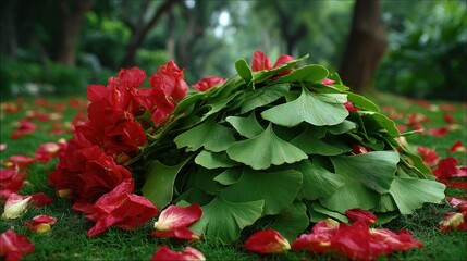 A vibrant bouquet of red flowers and green leaves rests on the ground