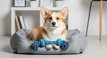 A cute Pembroke Welsh Corgi dog relaxing in a comfortable grey bed with its favorite rope toy