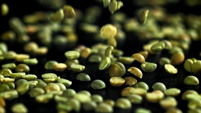 Green peas fall on the table. Filmed on a high-speed camera at 1000 fps. High quality FullHD footage