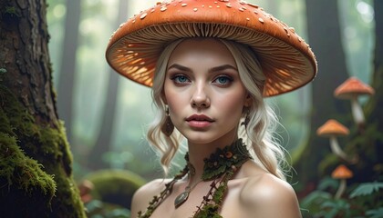 Enchanting forest fairy with mushroom hat, adorned with delicate greenery, gazing mysteriously amidst a mystical woodland backdrop