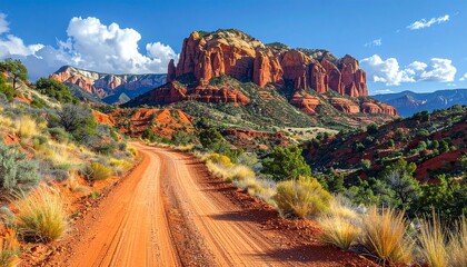 Scenic dirt road leading to majestic red rock formations under a clear blue sky with fluffy white clouds.