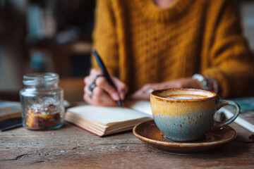 Person writing in a notebook with a cup of coffee