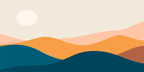 Vector illustration of a desert mountain landscape with sunset and orange sky