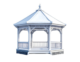 Elegant white wooden gazebo isolated on a plain white background.