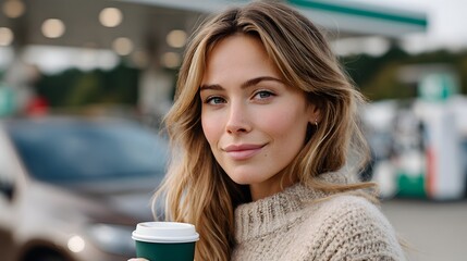 Beautiful young woman drinking coffee at gas station, looking at camera. Smiling girl in a warm sweater enjoying a beverage at a petrol station or during a road trip, natural light, close-up portrait