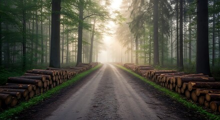 Obraz premium A sun-drenched forest path winds through stacks of felled timber, bathed in a soft morning mist.