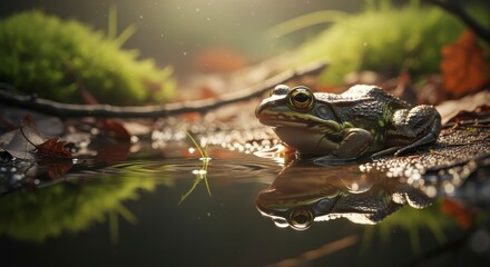 A serene scene featuring a frog resting by a calm pond, surrounded by lush greenery and gentle reflections in the water.