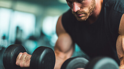 Muscular man lifting dumbbells in modern gym with focused expression, showcasing strength and determination during workout session for fitness enthusiasts and athletes
