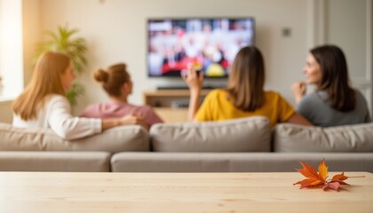 Four friends watching TV together on a couch in a cozy living room
