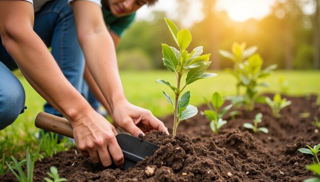 Young person planting small tree seedlings in garden during sunset  