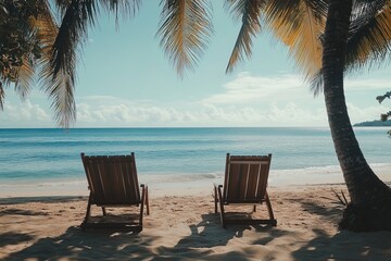 Two wooden lounge chairs on a sandy beach facing calm ocean waves surrounded by palm trees