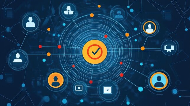 Customer focus group icons connected to a target, representing data exchange development and enhanced customer service