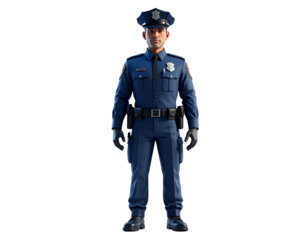 Male police officer in full uniform standing against a white background.