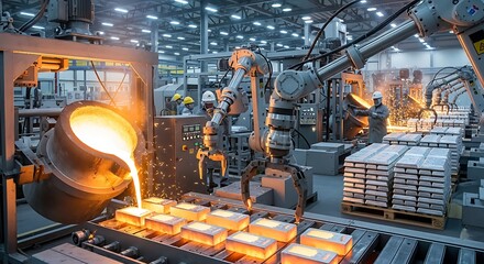 Automated metal pouring and processing in a large industrial facility.
