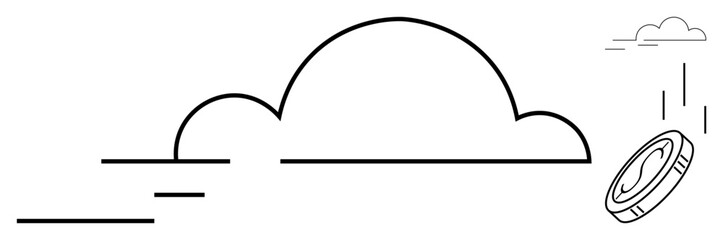 Stylized coin dropping from cloud underlined by flowing lines with minimalist design. Ideal for finance, growth, opportunity, luck, prediction, innovation, abstract simplicity metaphors. Perfect
