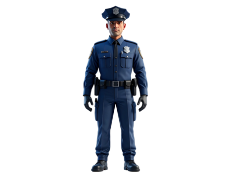 Male police officer in full uniform standing against a white background.