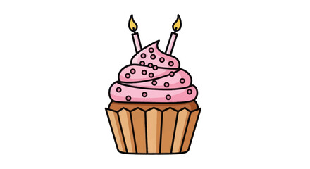 Pink Frosted Cupcake with Two Candles Illustration.