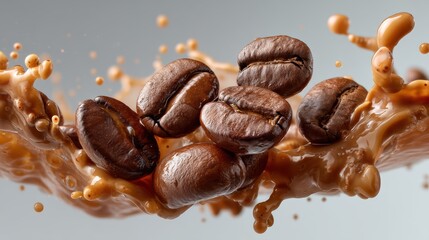 Obraz premium Coffee beans mid-air fall with splash waves