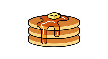 Stack of golden brown pancakes with melting butter and syrup.