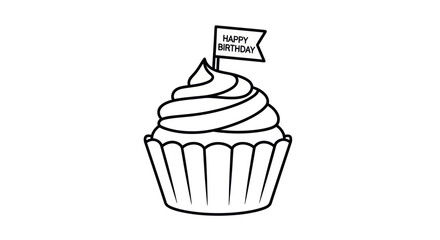 Outlined Birthday Cupcake with Flag Topper.