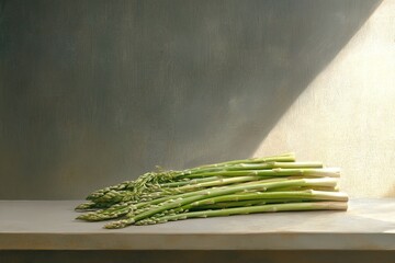 Fresh asparagus on a wooden table against a textured background highlights natural colors and textures in a kitchen setting