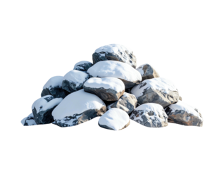 A large pile of gray boulders and stones covered in snow isolated on a white background.