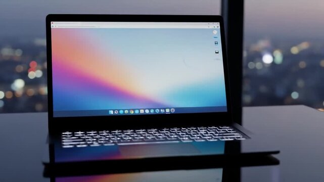 Sleek laptop displays a vibrant, modern OS interface against a city night backdrop