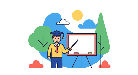 Illustration of a Smiling Graduate Presenting with a Pointer at a Whiteboard.