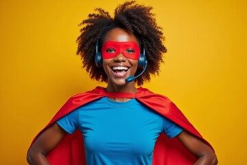 Superhero Call Center Agent: African American Customer Care Representative Takes Heroic Calls
