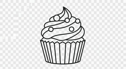 Simple Line Art Drawing of a Decorated Cupcake with Swirled Frosting.