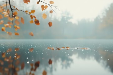 Autumn leaves float delicately on a calm surface of a tranquil lake surrounded by fading trees in a peaceful natural setting