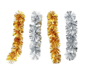 Set of shiny gold and silver tinsel garlands for festive decoration.
