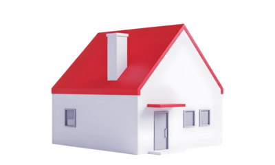Simple 3d white house model with red roof and chimney for architectural concepts isolated on transparent background
