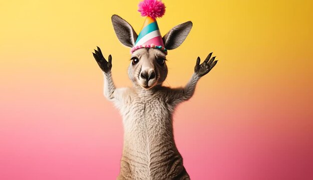 cheerful kangaroo wearing a colorful, striped party hat with a fluffy pom-pom on top
