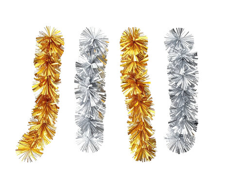 Set of shiny gold and silver tinsel garlands for festive decoration.