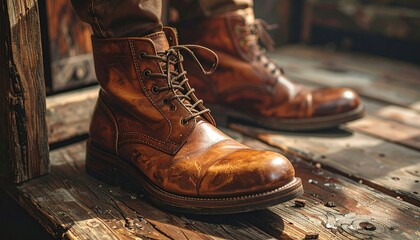 Vintage Leather Boots on Weathered Wood Surface in Warm Light.