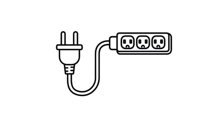 Simple line art icon of an electrical power strip with three outlets and a grounded plug.