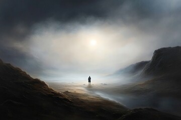 Mysterious figure stands alone in a foggy landscape surrounded by dark hills and a bright light in the distance