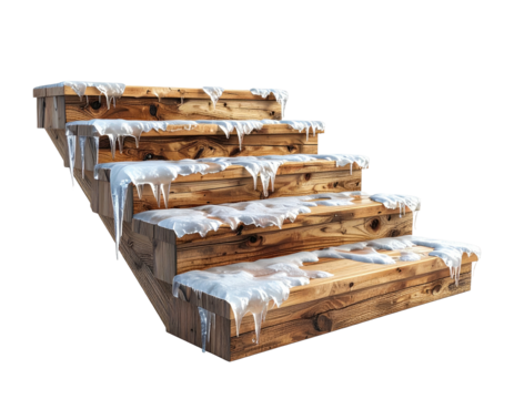 Wooden staircase covered in snow and ice winter scene.