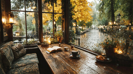 A cozy cafe interior with a wet wooden window counter on a rainy autumn day, featuring a cup of coffee, an open book, and a snack, overlooking a blurry park street with yellow trees and warm lights