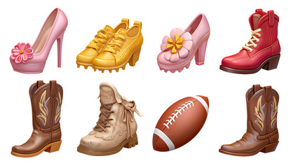  a set of icons featuring various shoes, such as high heels and sports sneakers.