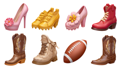 a set of icons featuring various shoes, such as high heels and sports sneakers.